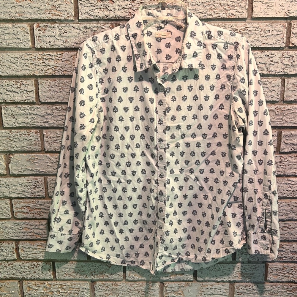 Garnet Hill Womens Blue Floral Block Print Button Down Shirt Size 6 Peru Cotton